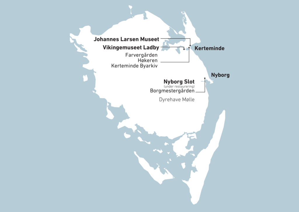 Kort med placering af Østfyns Museers afdelinger i Nyborg og Kerteminde, herunder Nyborg Slot og Johannes Larsen Museet.